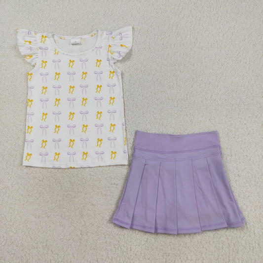 GSD2789 Bows Flying Sleeve Pure Purple Pleated Skirts Girls Yoga Sets 202508 RTS