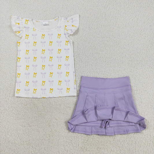 GSD2789 Bows Flying Sleeve Pure Purple Pleated Skirts Girls Yoga Sets 202508 RTS