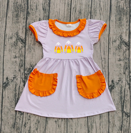 Preorder GSD2791 Halloween Candy Orange Ruffle Pocket Stripe Short Sleeve Dresses for Girls 202508