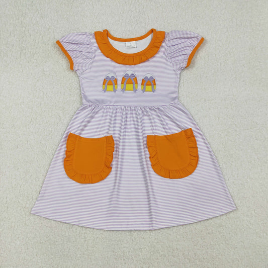 GSD2791 Halloween Candy Orange Ruffle Pocket Stripe Short Sleeve Dresses for Girls 202509 RTS