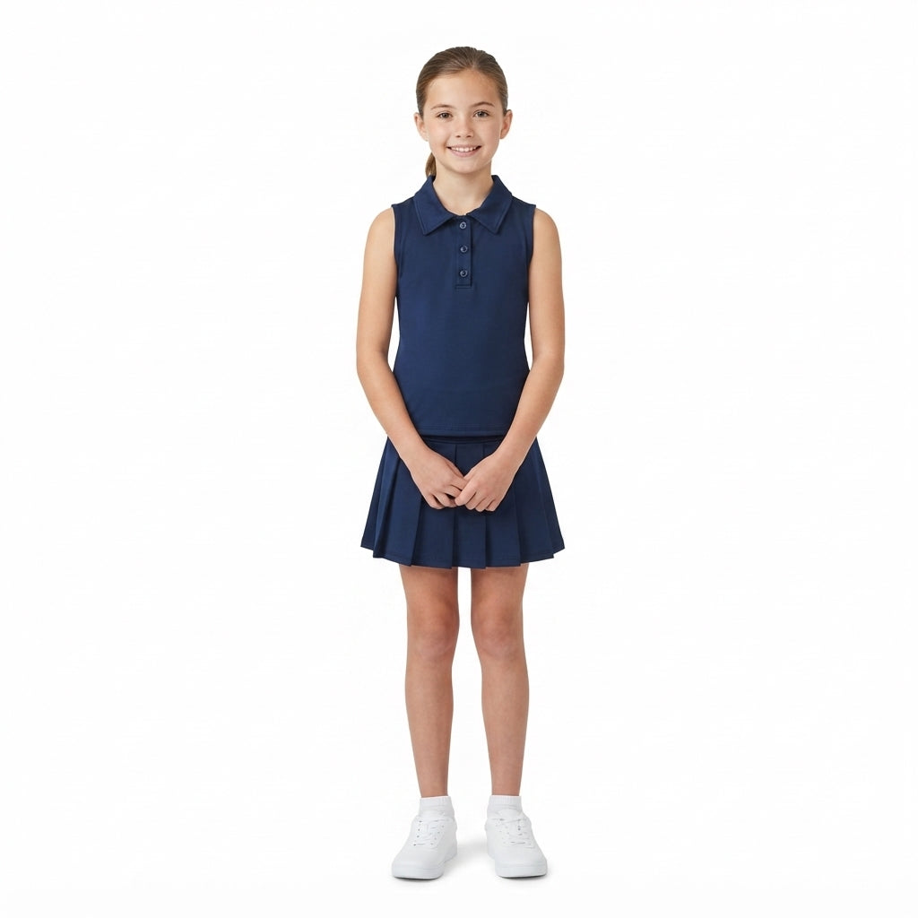 GSD2796 Solid Color Navy Active Pleated Tennis Polo Girls Skorts Set