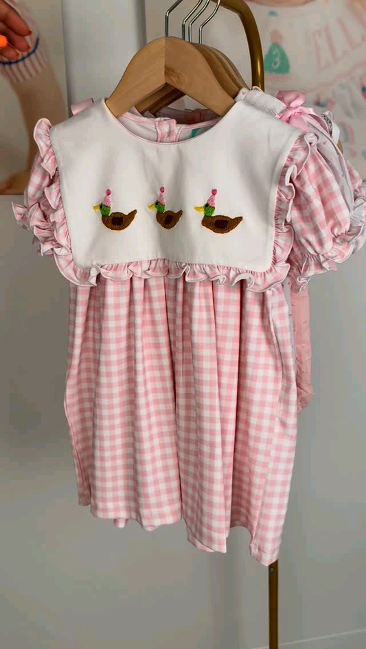 Preorder GSD2803  Christmas Duck Hat Pink Plaid Long Sleeve Dresses for Girls 202508