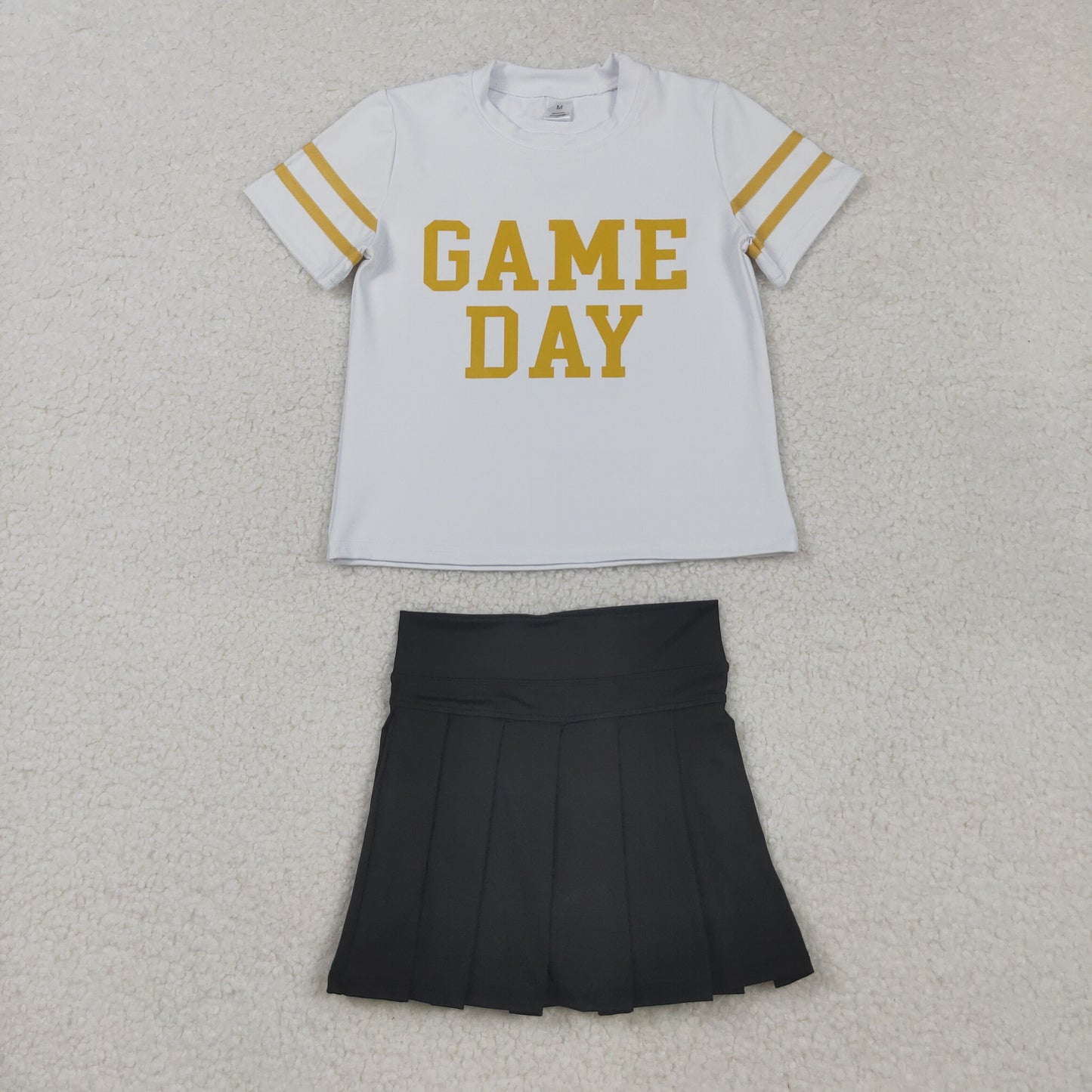 GSD2804  Offset Print Game Day Stripe White Golden Short Sleeves Black Pleated Skirts Shorts Girls Yoga Set 202508 RTS