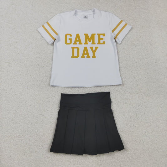 GSD2804  Offset Print Game Day Stripe White Golden Short Sleeves Black Pleated Skirts Shorts Girls Yoga Set 202508 RTS