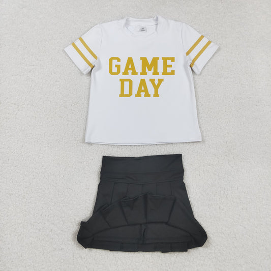 GSD2804  Offset Print Game Day Stripe White Golden Short Sleeves Black Pleated Skirts Shorts Girls Yoga Set 202508 RTS