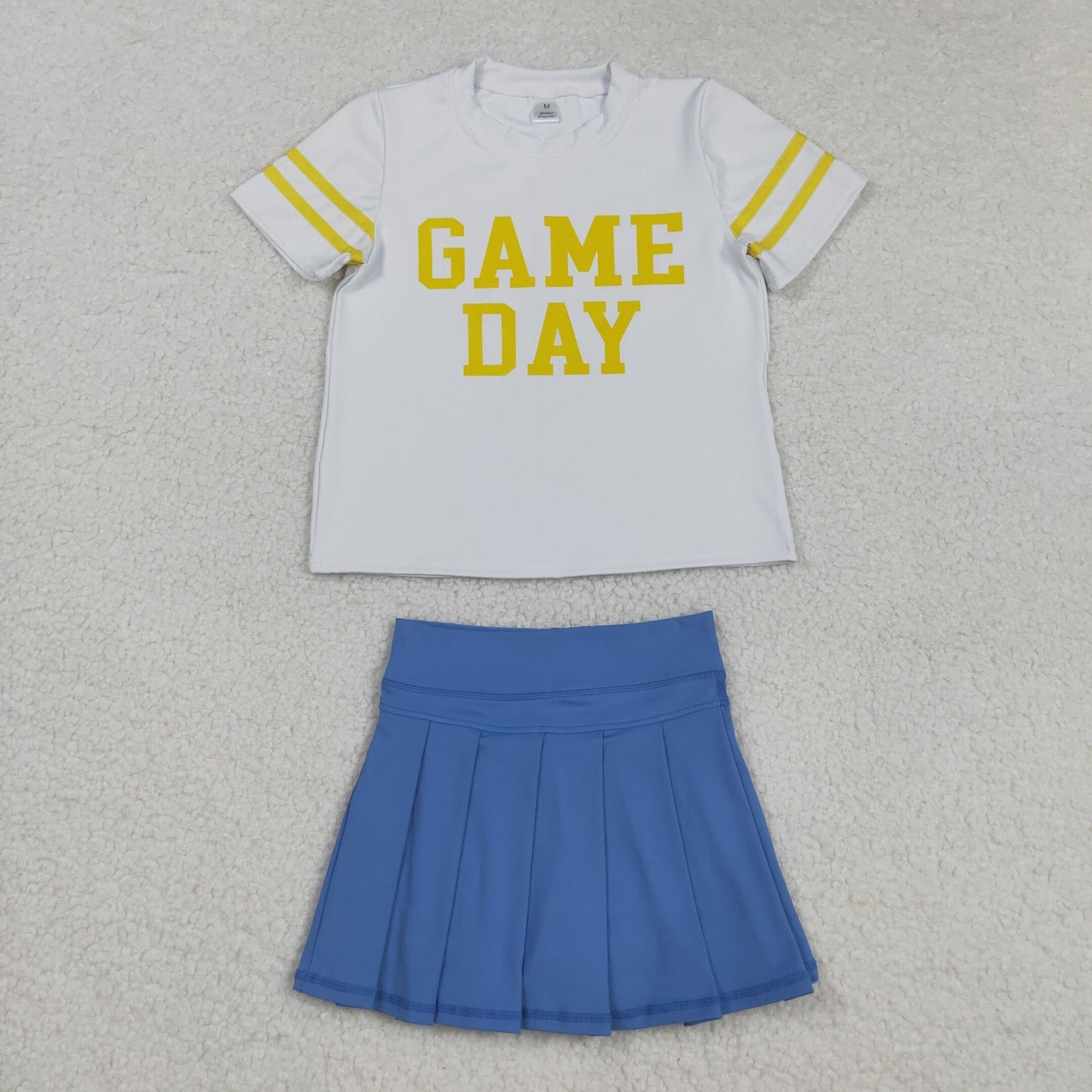 GSD2805 Offset Print Game Day Stripe White Yellow Short Sleeves Blue Pleated Skirts Shorts Girls Yoga Set 202508 RTS