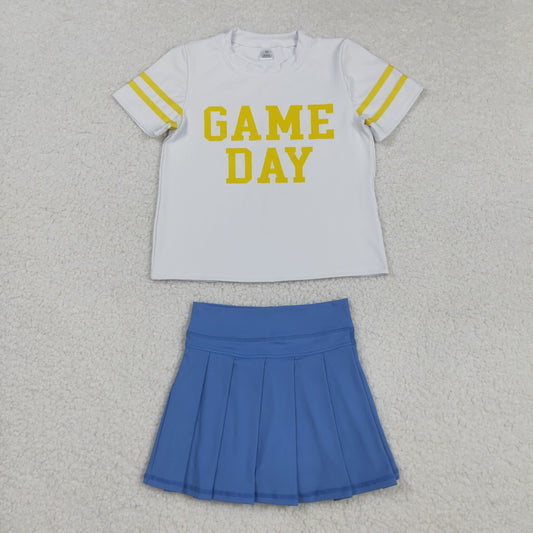 GSD2805 Offset Print Game Day Stripe White Yellow Short Sleeves Blue Pleated Skirts Shorts Girls Yoga Set 202508 RTS