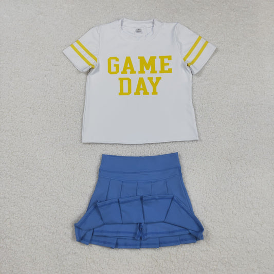 GSD2805 Offset Print Game Day Stripe White Yellow Short Sleeves Blue Pleated Skirts Shorts Girls Yoga Set 202508 RTS