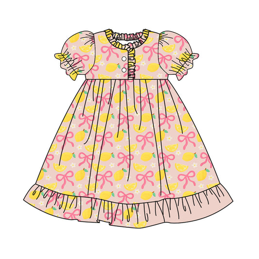 MOQ 8 Preorder GSD2812 Lemon Bows Puff Ruffle Short Sleeve Dresses for Girls  202509