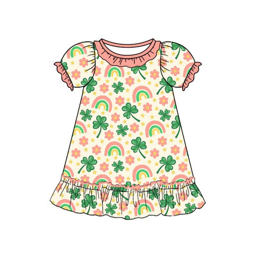 MOQ 8 Preorder GSD2815 St. Patrick's Day Four-Leaf Clover Rainbow Flower Star Ruffle Short Sleeve Dresses for Girls  202509