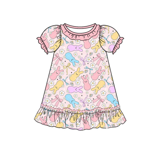MOQ 8 Preorder GSD2818 Easter Bunny Pink Ruffle Puff Short Sleeve Dresses for Girls  202509