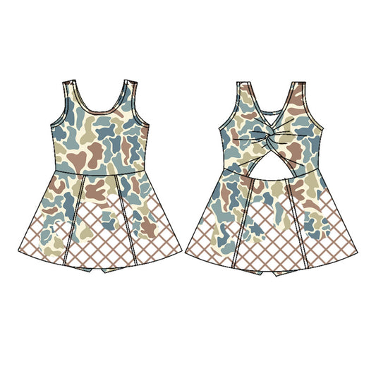 MOQ 8 preorder GSD2824 Blue Green Camouflage Waffle Girls Athletic Yoga Sleeveless Dress 202509