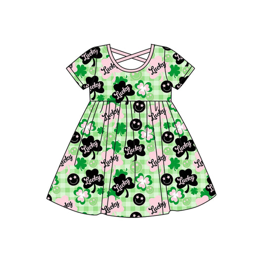 MOQ 8 Preorder GSD2840 St. Patrick's Day Four-Leaf Plaid Green Short Sleeve Dresses for Girls  202509
