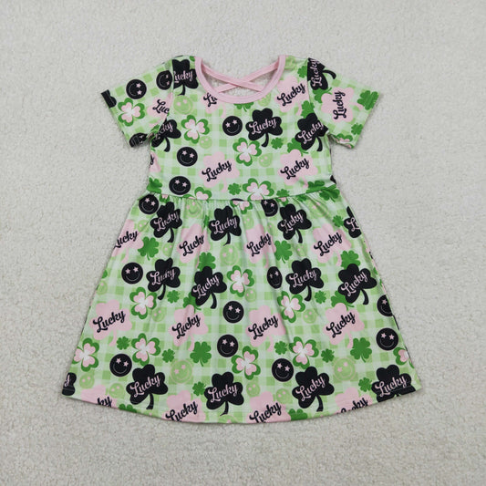 GSD2840 St. Patrick's Day Four-Leaf Plaid Green Short Sleeve Dresses for Girls  202601 RTS