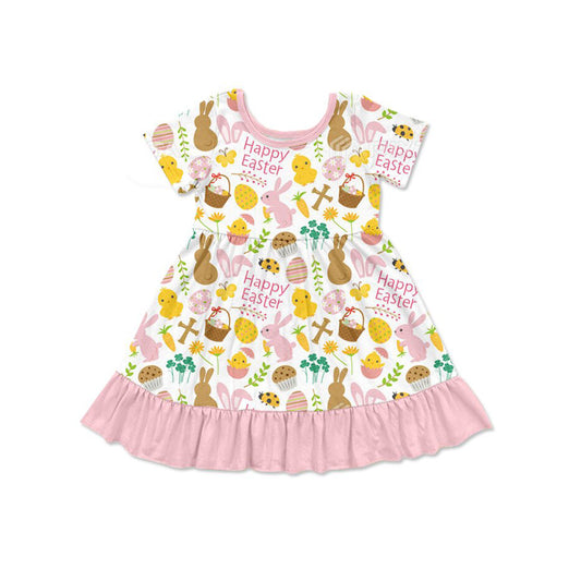MOQ 8 Preorder GSD2841 Easter Bunny Pink Ruffle Short Sleeve Dresses for Girls  202509