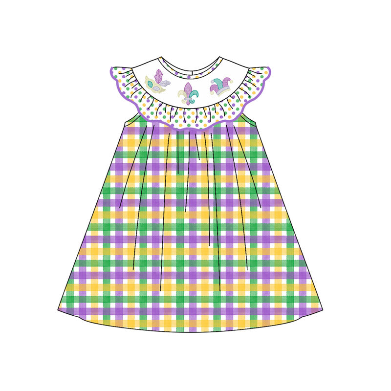 MOQ 8 Preorder GSD2849 Mardi Gras Ruffle Plaid Flying Sleeve Dresses for Girls  202509