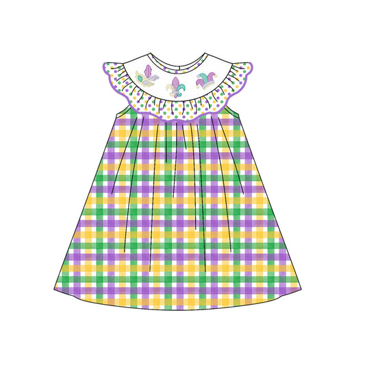 MOQ 8 Preorder GSD2849 Mardi Gras Ruffle Plaid Flying Sleeve Dresses for Girls  202509