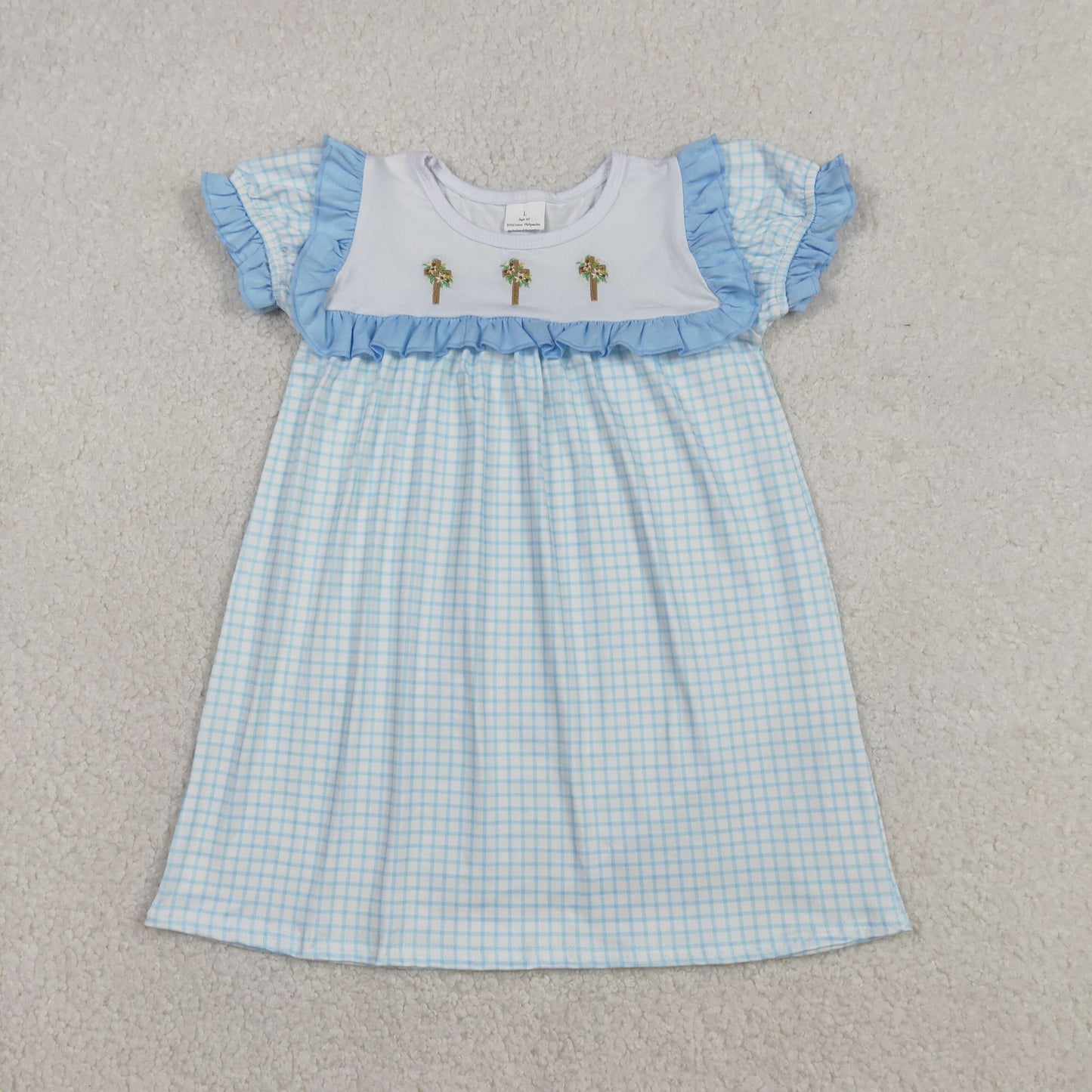 GSD2851 Embroidered Easter Cross Blue Ruffle Plaid Short Sleeve Dresses for Girls  202512 RTS