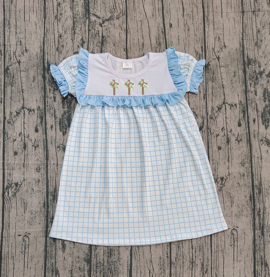 NO MOQ Preorder GSD2851 Embroidered Easter Cross Blue Ruffle Plaid Short Sleeve Dresses for Girls  202510