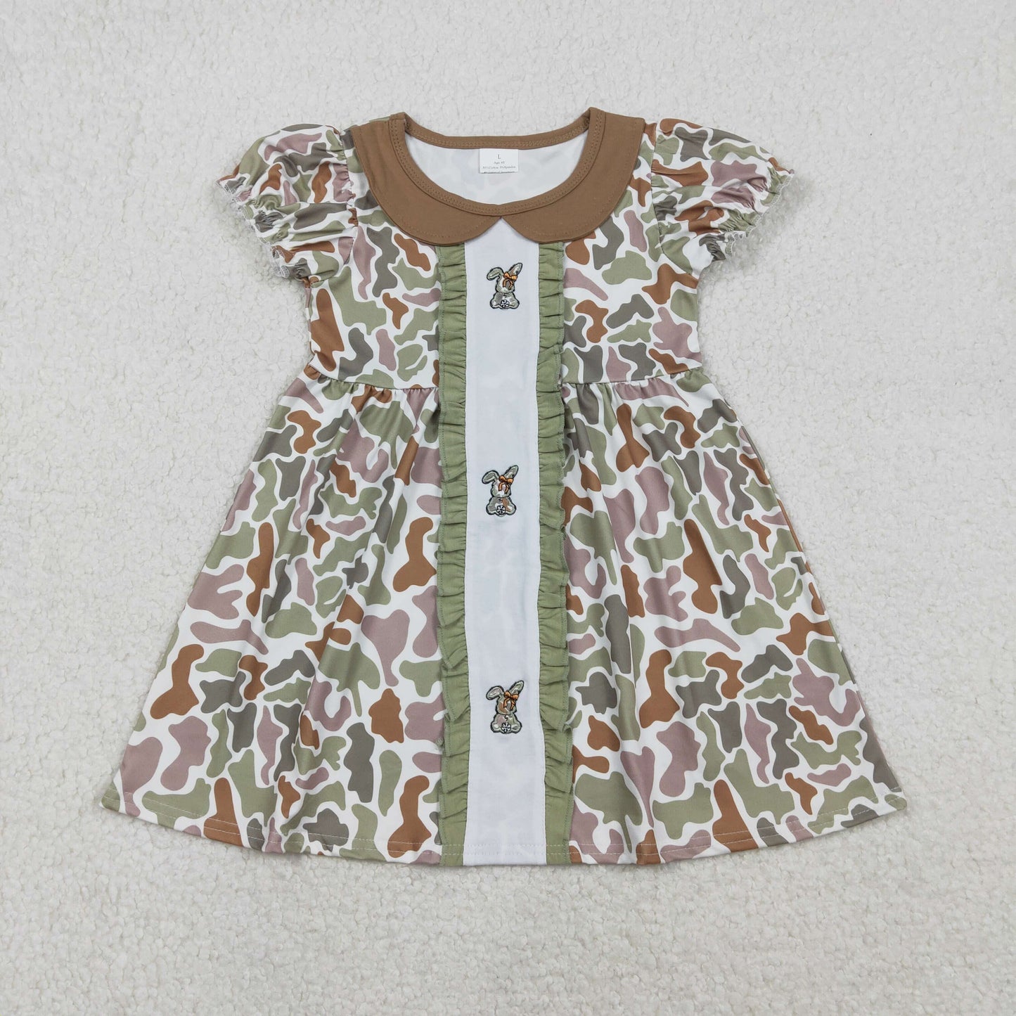 GSD2852 Embroidered Easter Bunny Camouflage Army Green Ruffle Doll Collar Short Sleeve Dresses for Girls  202511 RTS