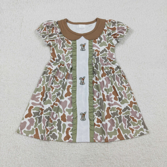 GSD2852 Embroidered Easter Bunny Camouflage Army Green Ruffle Doll Collar Short Sleeve Dresses for Girls  202511 RTS