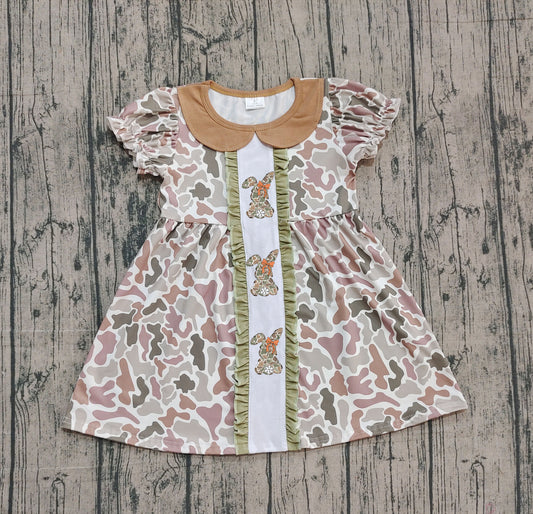 NO MOQ Preorder GSD2852 Embroidered Easter Bunny Camouflage Army Green Ruffle Doll Collar Short Sleeve Dresses for Girls  202510