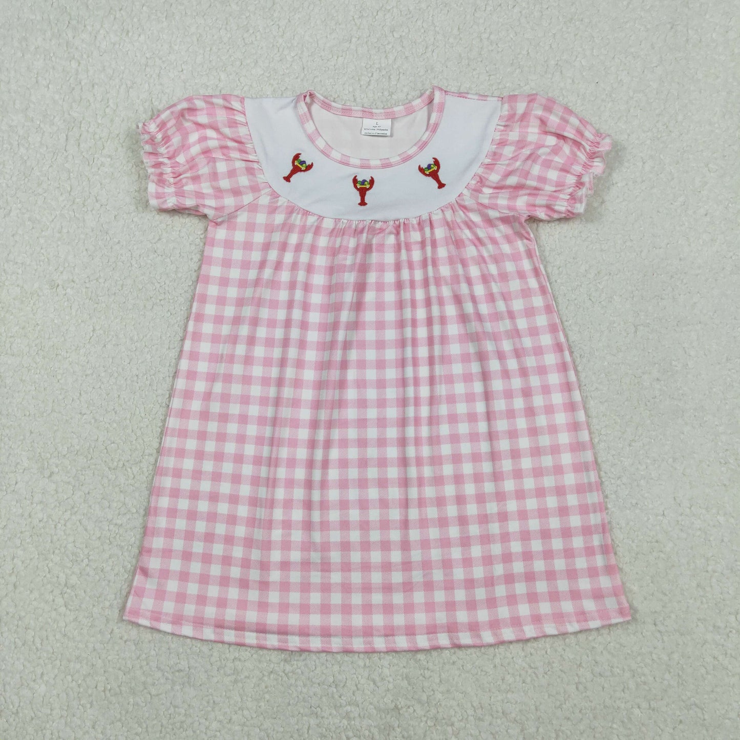 GSD2853 Embroidered Mardi Gras Crayfish Pink Plaid Short Sleeve Dresses for Girls  202511 RTS