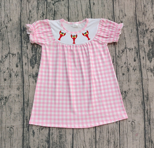 NO MOQ Preorder GSD2853 Embroidered Mardi Gras Crayfish Pink Plaid Short Sleeve Dresses for Girls  202510