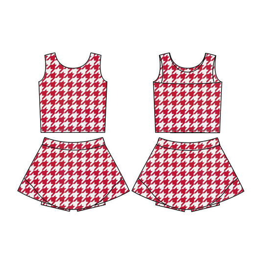 MOQ 8 preorder GSD2857 Red and White Houndstooth Sleeveless Top Skirts Girls Yoga Sets 202510