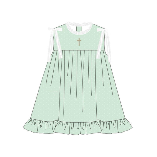 MOQ 8 Preorder GSD2860 Easter Cross White Dots Green Ruffle Sleeveless Dresses for Girls  202510