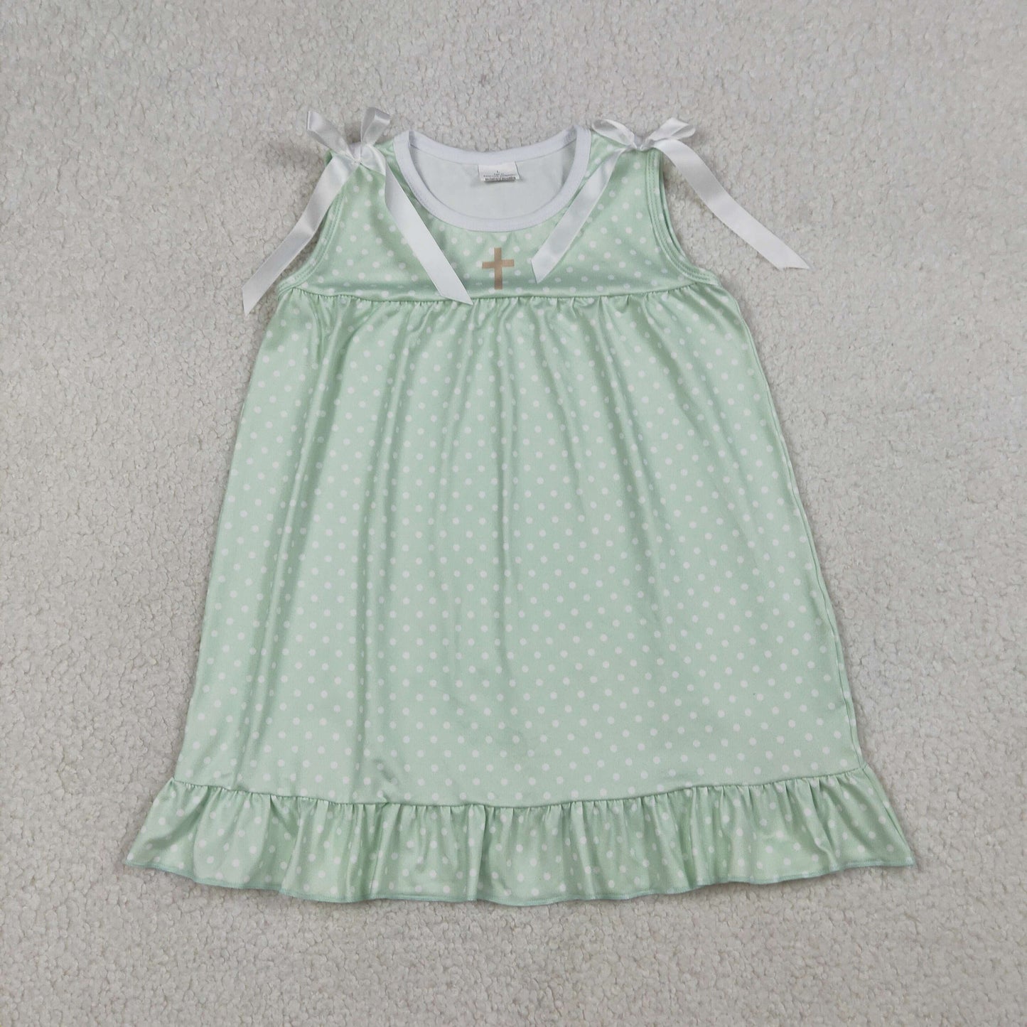 GSD2860 Easter Cross White Dots Green Ruffle Sleeveless Dresses for Girls  202603 RTS