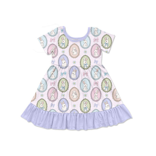 MOQ 8 Preorder GSD2863 Easter Bunny Purple Ruffle Short Sleeve Dresses for Girls  202510