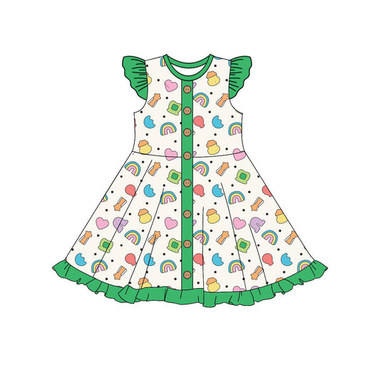 MOQ 8 Preorder GSD2864 Love Rainbow Green Ruffle Flying Sleeve Dresses for Girls  202510