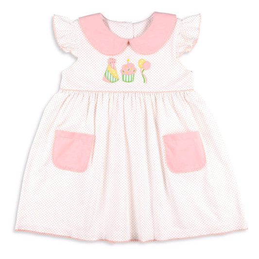 MOQ 8 Preorder GSD2865 Happy Birthday Cake Hat Balloon Dots Pocket Doll Collar Pink Flying Sleeve Dresses for Girls  202510