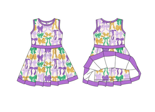 MOQ 8 preorder GSD2866 Mardi Gras Bows Purple Yoga Sleeveless Dresses for Girls 202510