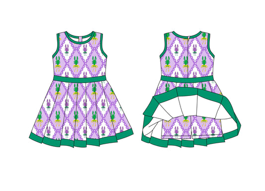 MOQ 8 preorder GSD2868 Mardi Gras Crayfish Plaid Green Purple Yoga Sleeveless Dresses for Girls 202510