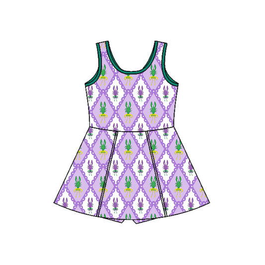 MOQ 8 preorder GSD2869 Mardi Gras Crayfish Plaid Green Purple Yoga Sleeveless Dresses for Girls 202510