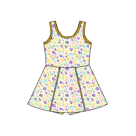 MOQ 8 preorder GSD2870 Mardi Gras Colored Leopard Yellow Yoga Sleeveless Dresses for Girls 202510