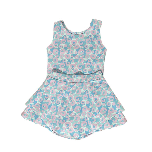 MOQ 8 preorder GSD2871 Pink Blue Leopard Sleeveless Top Skirts Girls Yoga Sets 202510