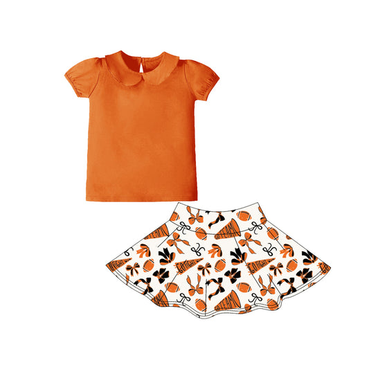 MOQ 8 preorder GSD2875 GO Team Pure Orange Doll Collar Short Sleeve Top Skirts Girls Yoga Sets 202510
