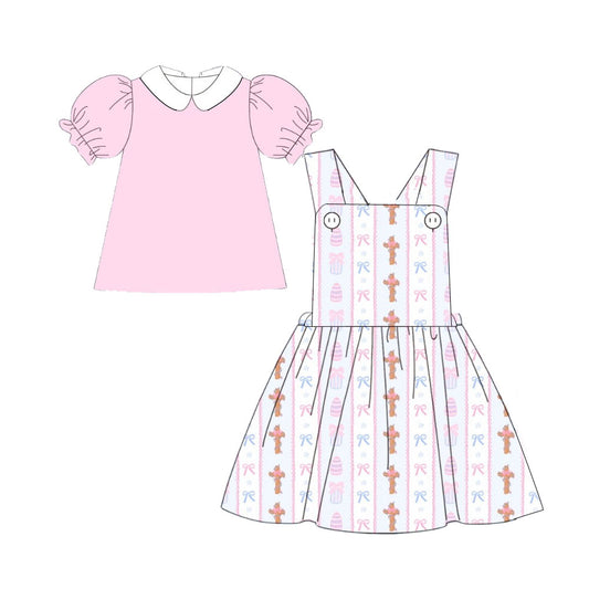 MOQ 8 Preorder GSD2879 Easter Cross Bows Stripe Pink Sleeveless Dress with Solid Pink Puff Doll Collar Short Sleeve Shirts Girls Set 202510