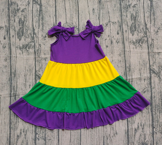 NO MOQ Preorder GSD2888 Mardi Gras Yellow Green Purple Stripe Ruffle Halter Dresses for Girls  202511