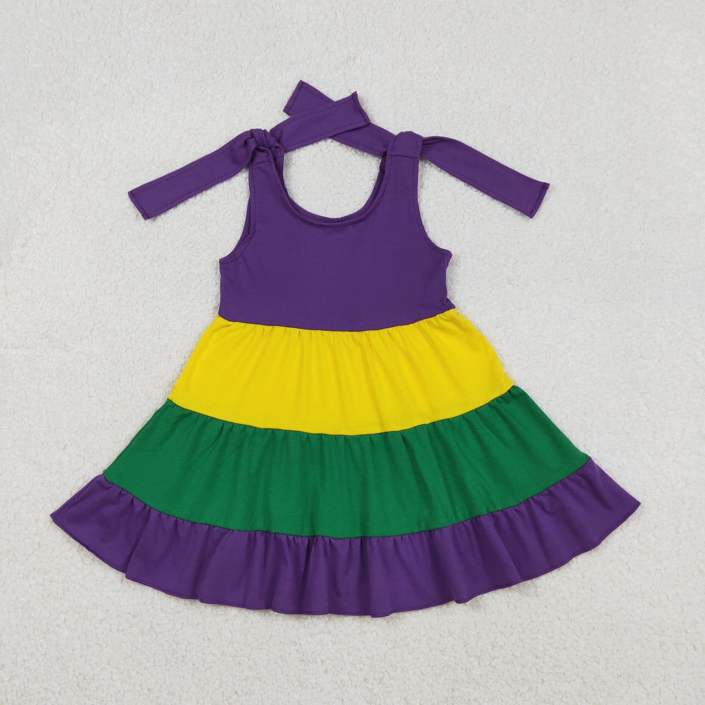 GSD2888 Mardi Gras Yellow Green Purple Stripe Ruffle Halter Dresses for Girls  202512 RTS