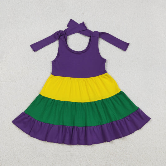 GSD2888 Mardi Gras Yellow Green Purple Stripe Ruffle Halter Dresses for Girls  202512 RTS