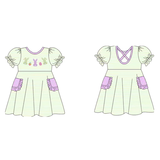 MOQ 8 Preorder GSD2889 Easter Bunny Green Stripe Purple Ruffle Plaid Short Sleeve Dresses for Girls  202510