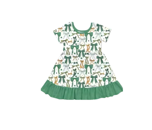 MOQ 8 Preorder GSD2890 Bows Green Ruffle Short Sleeve Dresses for Girls  202510