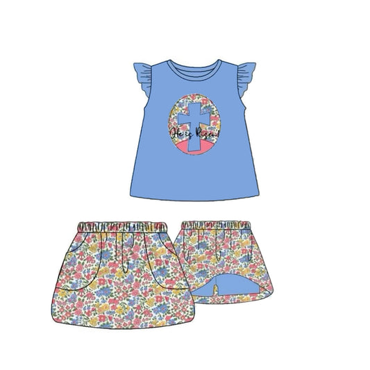 MOQ 8 Preorder GSD2892 Easter Cross Floral Blue Flying Sleeve Top Skirts Sets for Girls  202510