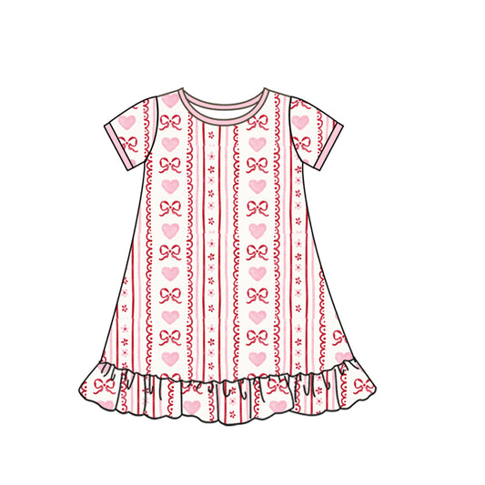 MOQ 5 Preorder GSD2898 Valentine's Day Love Bows Stripe Pink Short Sleeve Dresses for Girls 202510
