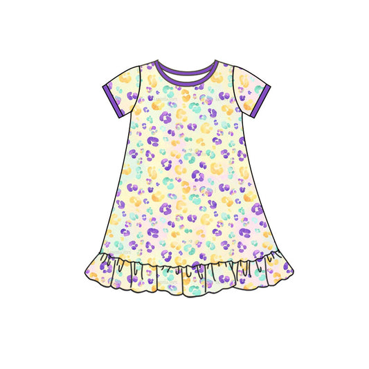 MOQ 5 Preorder GSD2899 Mardi Gras Colored Leopard Purple Neck Short Sleeve Dresses for Girls 202510
