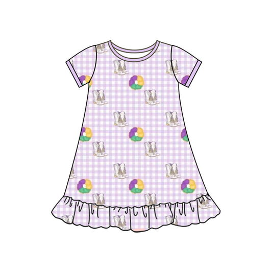MOQ 5 Preorder GSD2900 Mardi Gras Purple Plaid Short Sleeve Dresses for Girls 202510